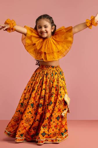  girls mustard patola print rayon lehenga choli set with accessories & ruffled hand gloves