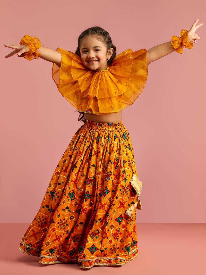  girls mustard patola print rayon lehenga choli set with accessories & ruffled hand gloves