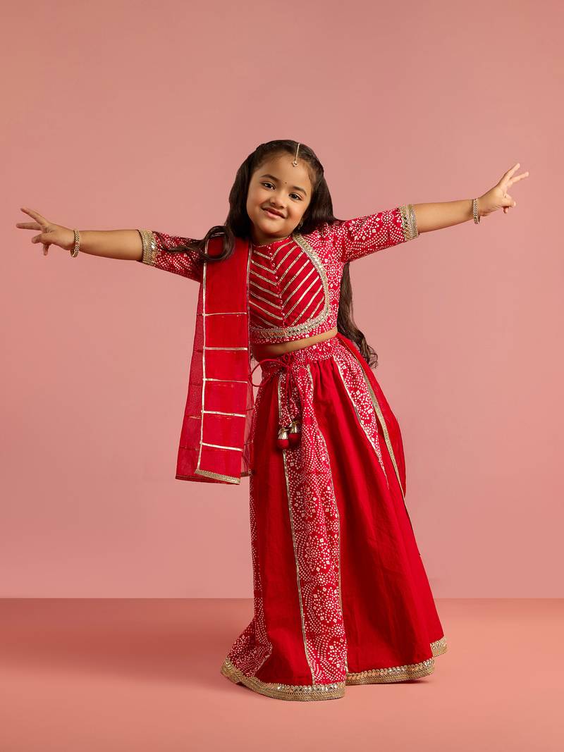 girls red bandhani printed lehenga choli set with organza dupatta 