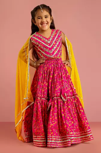 pink floral screen print cotton lehenga choli set with yellow chiffon dupatta
