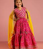 pink floral screen print cotton lehenga choli set with yellow chiffon dupatta