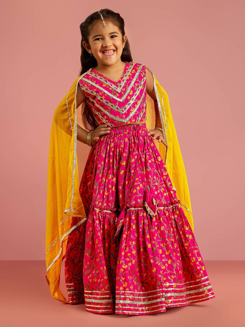 pink floral screen print cotton lehenga choli set with yellow chiffon dupatta