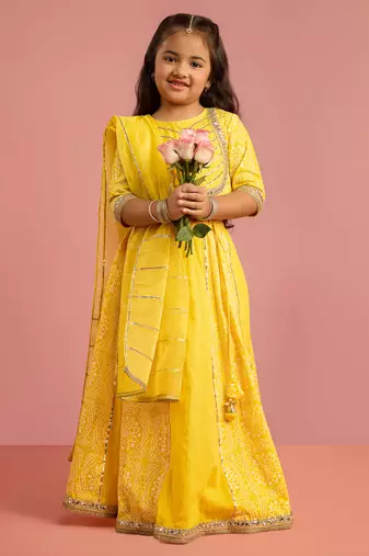 yellow bandhani printed lehenga choli set with organza dupatta
