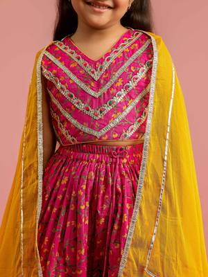 pink floral screen print cotton lehenga choli set with yellow chiffon dupatta 2