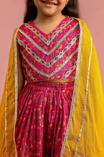 pink floral screen print cotton lehenga choli set with yellow chiffon dupatta