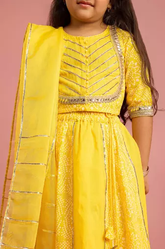 yellow bandhani printed lehenga choli set with organza dupatta