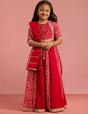 girls red bandhani printed lehenga choli set with organza dupatta  3