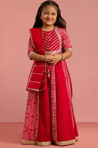 girls red bandhani printed lehenga choli set with organza dupatta 