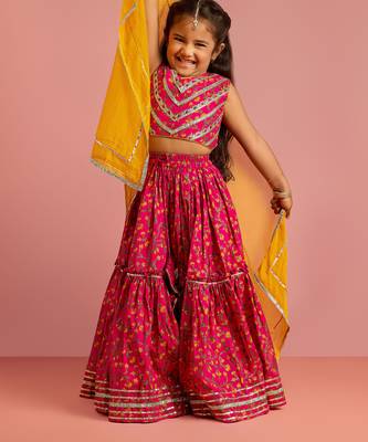 pink floral screen print cotton lehenga choli set with yellow chiffon dupatta 3