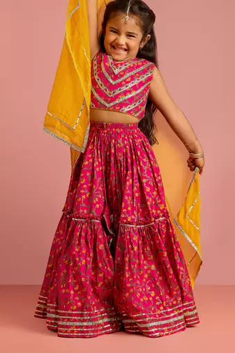 pink floral screen print cotton lehenga choli set with yellow chiffon dupatta