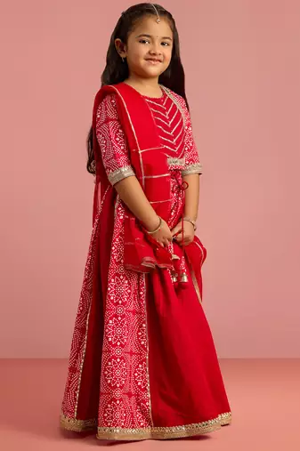 girls red bandhani printed lehenga choli set with organza dupatta 