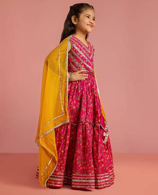 pink floral screen print cotton lehenga choli set with yellow chiffon dupatta 4