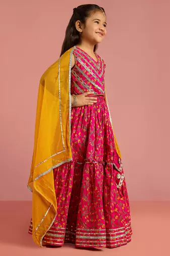 pink floral screen print cotton lehenga choli set with yellow chiffon dupatta