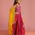 pink floral screen print cotton lehenga choli set with yellow chiffon dupatta