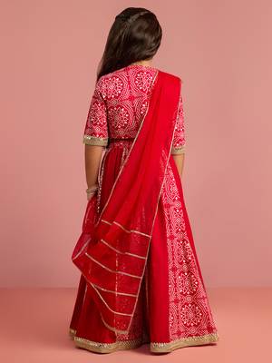 girls red bandhani printed lehenga choli set with organza dupatta  5