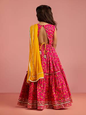 pink floral screen print cotton lehenga choli set with yellow chiffon dupatta 5
