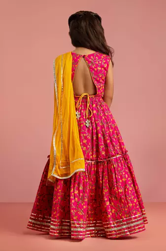 pink floral screen print cotton lehenga choli set with yellow chiffon dupatta
