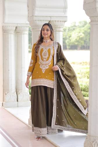 Mustard Silk Embroidered Kurta Sharara set