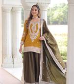 Mustard Silk Embroidered Kurta Sharara set