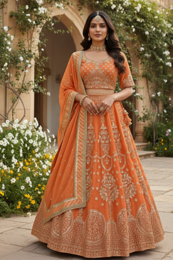 Orange Faux Georgette Sequins Lehenga set with Choli and dupatta