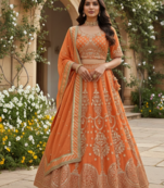 Orange Faux Georgette Sequins Lehenga set with Choli and dupatta