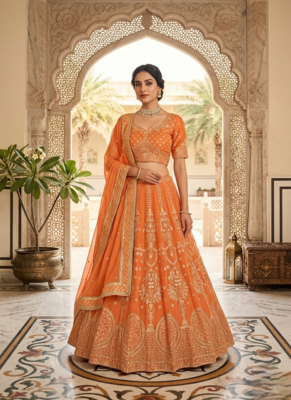 Orange Faux Georgette Sequins Lehenga set with Choli and dupatta 1