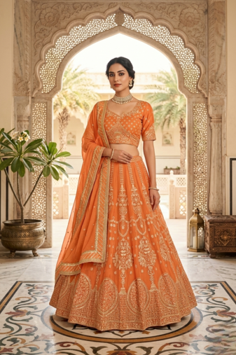 Orange Faux Georgette Sequins Lehenga set with Choli and dupatta
