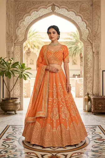Orange Faux Georgette Sequins Lehenga set with Choli and dupatta