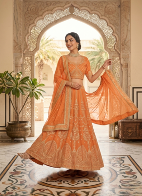 Orange Faux Georgette Sequins Lehenga set with Choli and dupatta 2