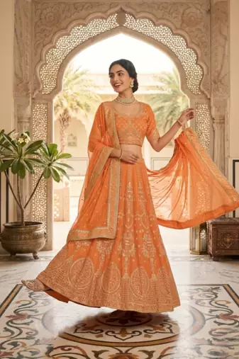 Orange Faux Georgette Sequins Lehenga set with Choli and dupatta