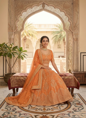 Orange Faux Georgette Sequins Lehenga set with Choli and dupatta 3