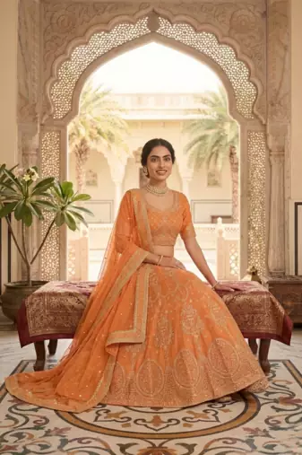 Orange Faux Georgette Sequins Lehenga set with Choli and dupatta