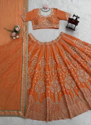 Orange Faux Georgette Sequins Lehenga set with Choli and dupatta 4