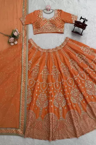 Orange Faux Georgette Sequins Lehenga set with Choli and dupatta