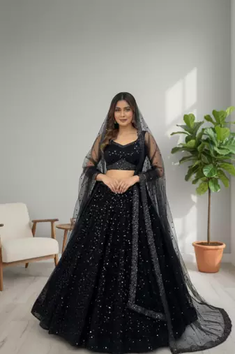 Black Net Sequins & Zari Embroidered Lehenga set with Choli and dupatta with dupatta
