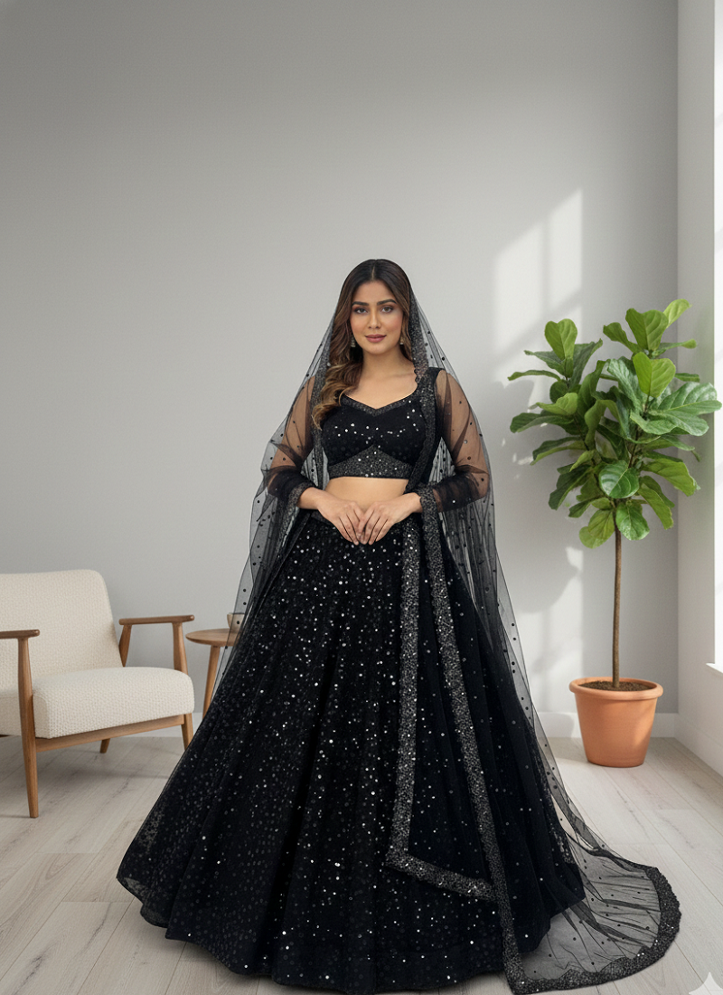 Black Net Sequins & Zari Embroidered Lehenga set with Choli and dupatta with dupatta