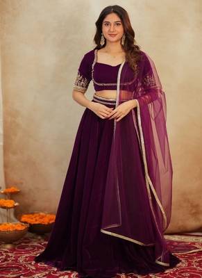 Rani Pink Velvet Lehenga set with Choli and dupatta 1