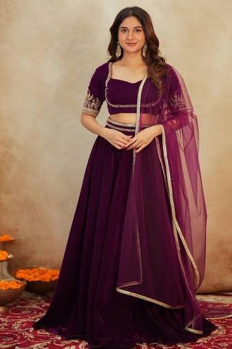 Rani Pink Velvet Lehenga set with Choli and dupatta