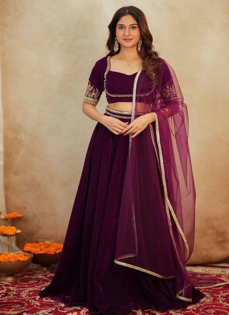 Rani Pink Velvet Lehenga set with Choli and dupatta