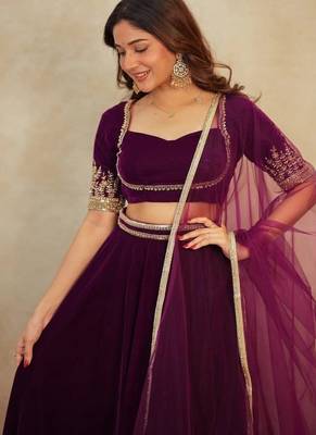 Rani Pink Velvet Lehenga set with Choli and dupatta 2