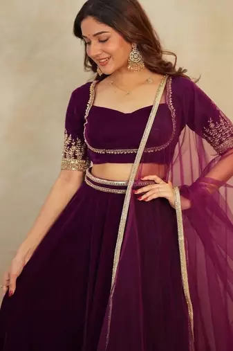 Rani Pink Velvet Lehenga set with Choli and dupatta