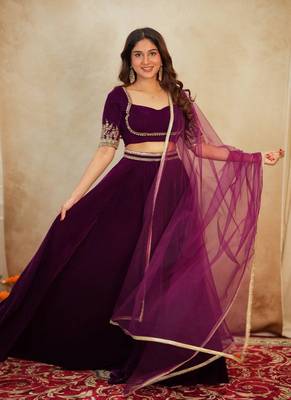 Rani Pink Velvet Lehenga set with Choli and dupatta 3