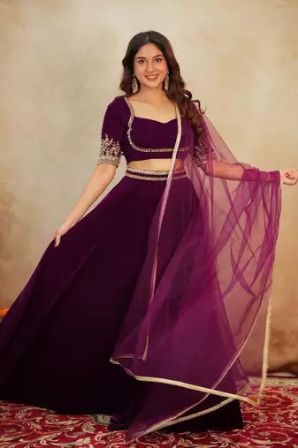 Rani Pink Velvet Lehenga set with Choli and dupatta