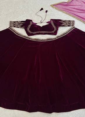 Rani Pink Velvet Lehenga set with Choli and dupatta 4