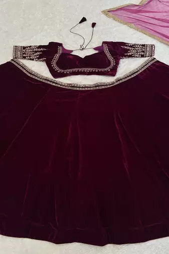 Rani Pink Velvet Lehenga set with Choli and dupatta
