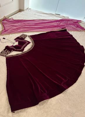 Rani Pink Velvet Lehenga set with Choli and dupatta 5