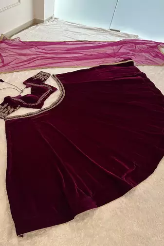 Rani Pink Velvet Lehenga set with Choli and dupatta