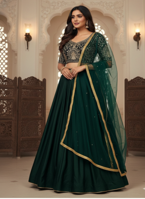 Green Satin Lehenga set with Choli and dupatta  1