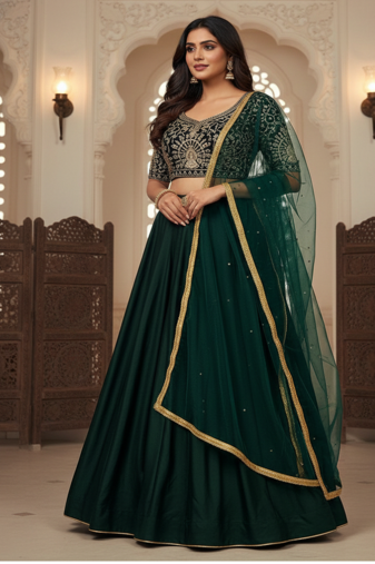 Green Satin Lehenga set with Choli and dupatta 