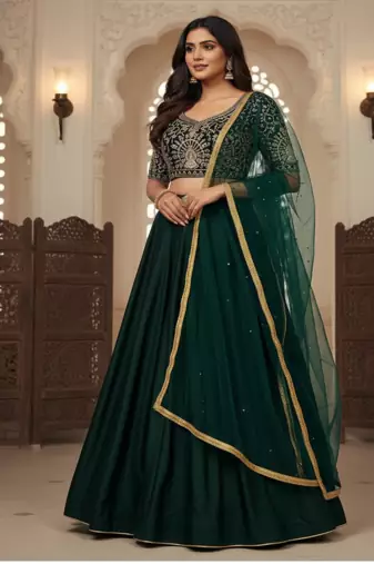 Green Satin Lehenga set with Choli and dupatta 